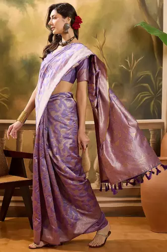 lavender banarasi jacquard saree with golden zari weaving & tassel pallu     unstitched blouse