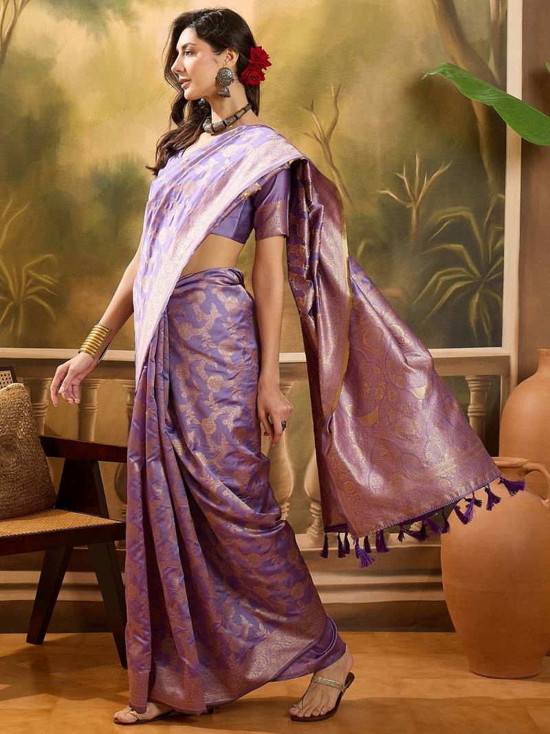 lavender banarasi jacquard saree with golden zari weaving & tassel pallu     unstitched blouse