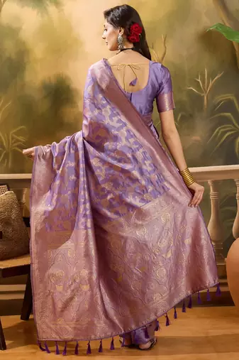 lavender banarasi jacquard saree with golden zari weaving & tassel pallu     unstitched blouse