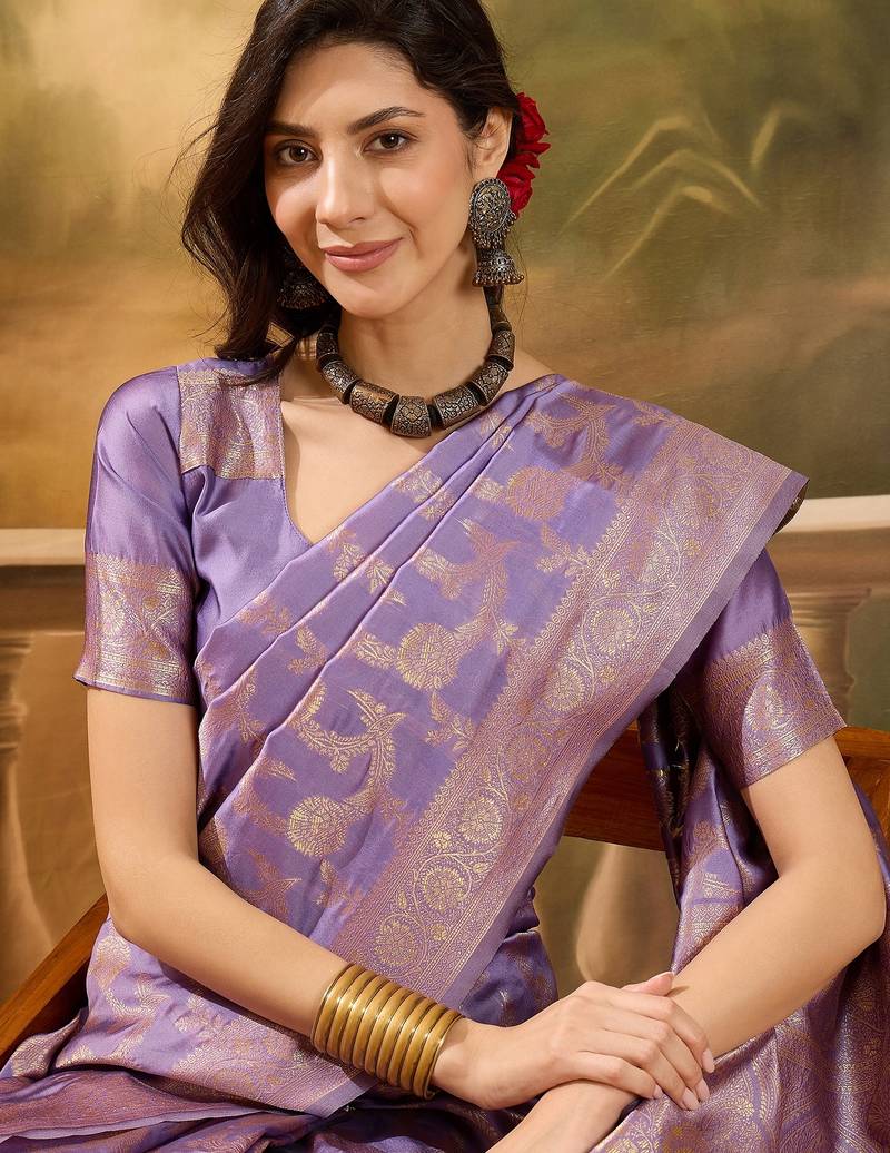 lavender banarasi jacquard saree with golden zari weaving & tassel pallu     unstitched blouse