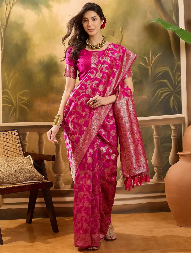 hot pink banarasi jacquard saree with golden zari weaving & tassel pallu     unstitched blouse
