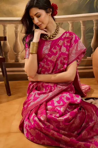 hot pink banarasi jacquard saree with golden zari weaving & tassel pallu     unstitched blouse