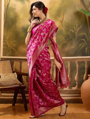 hot pink banarasi jacquard saree with golden zari weaving & tassel pallu     unstitched blouse 4