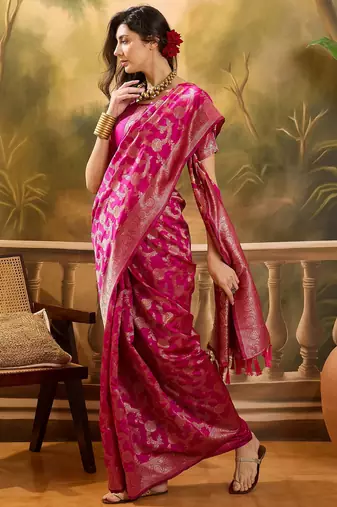 hot pink banarasi jacquard saree with golden zari weaving & tassel pallu     unstitched blouse