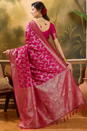 hot pink banarasi jacquard saree with golden zari weaving & tassel pallu     unstitched blouse