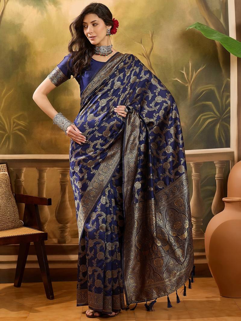 navy blue banarasi jacquard saree with golden zari weaving & tassel pallu     unstitched blouse