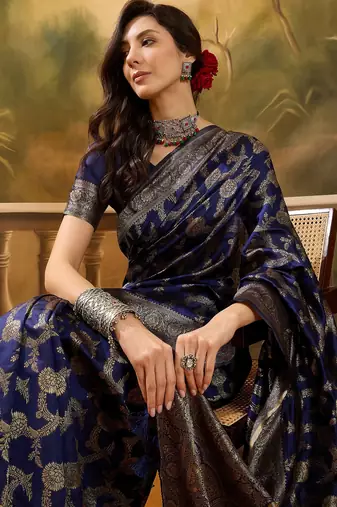 navy blue banarasi jacquard saree with golden zari weaving & tassel pallu     unstitched blouse