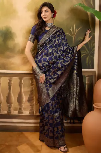 navy blue banarasi jacquard saree with golden zari weaving & tassel pallu     unstitched blouse