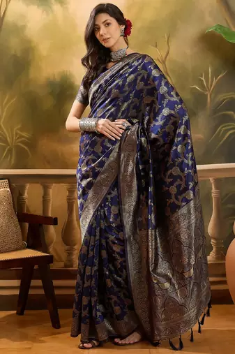 navy blue banarasi jacquard saree with golden zari weaving & tassel pallu     unstitched blouse