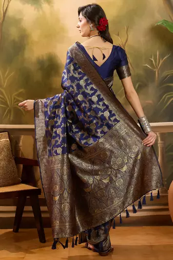 navy blue banarasi jacquard saree with golden zari weaving & tassel pallu     unstitched blouse