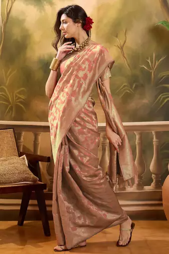 peach banarasi jacquard saree with golden zari weaving & tassel pallu     unstitched blouse