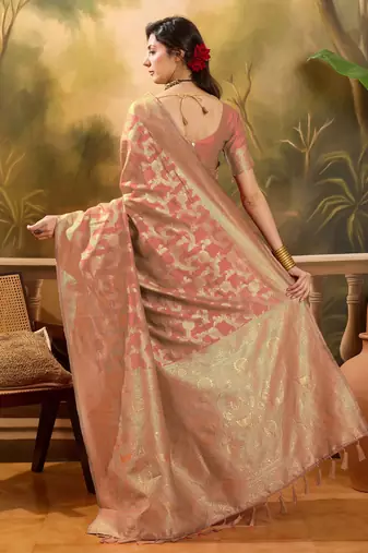 peach banarasi jacquard saree with golden zari weaving & tassel pallu     unstitched blouse