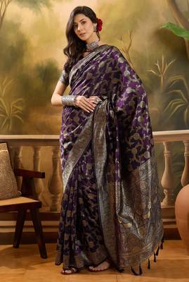 purple banarasi jacquard saree with golden zari weaving & tassel pallu     unstitched blouse 2