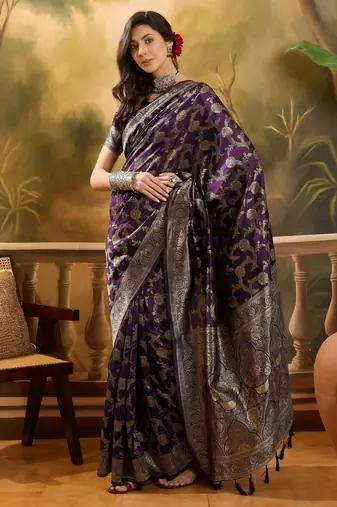 purple banarasi jacquard saree with golden zari weaving & tassel pallu     unstitched blouse