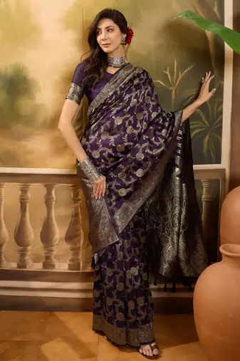 purple banarasi jacquard saree with golden zari weaving & tassel pallu     unstitched blouse
