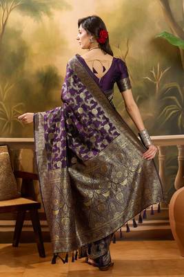 purple banarasi jacquard saree with golden zari weaving & tassel pallu     unstitched blouse 4