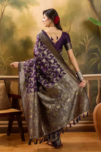purple banarasi jacquard saree with golden zari weaving & tassel pallu     unstitched blouse