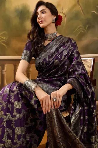 purple banarasi jacquard saree with golden zari weaving & tassel pallu     unstitched blouse