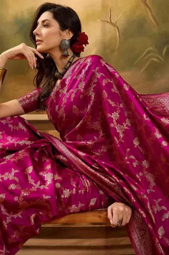 magenta banarasi jacquard saree with golden zari weaving & tassel pallu     unstitched blouse