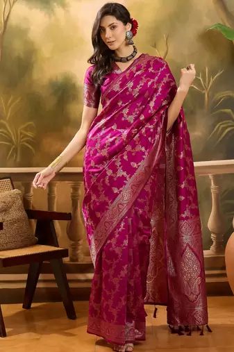 magenta banarasi jacquard saree with golden zari weaving & tassel pallu     unstitched blouse
