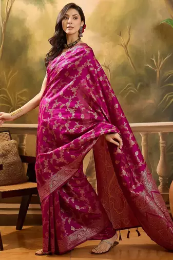 magenta banarasi jacquard saree with golden zari weaving & tassel pallu     unstitched blouse