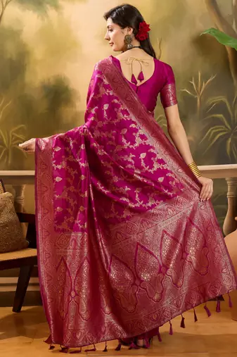 magenta banarasi jacquard saree with golden zari weaving & tassel pallu     unstitched blouse