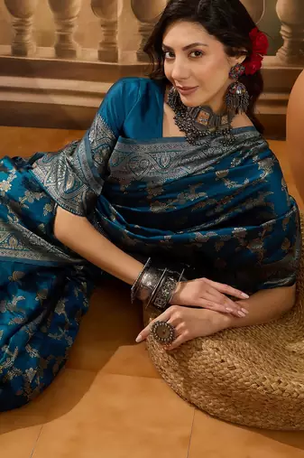 blue banarasi jacquard saree with golden zari weaving & tassel pallu     unstitched blouse