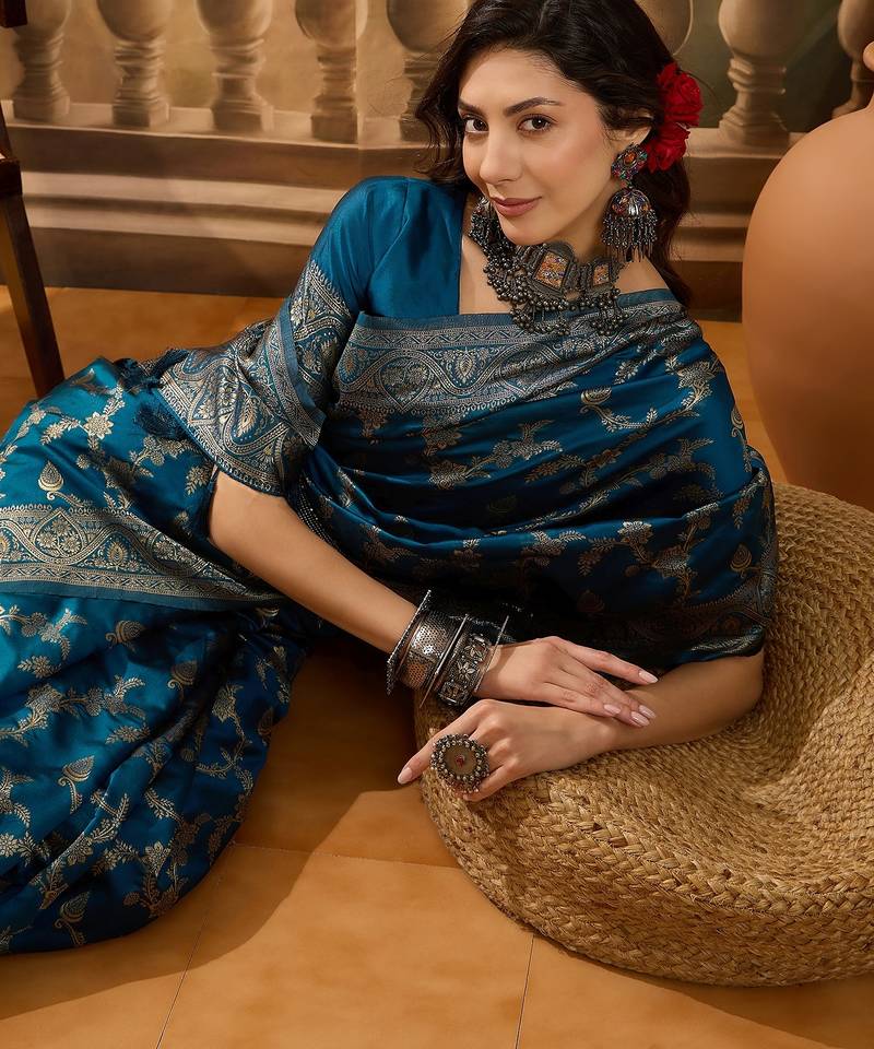 blue banarasi jacquard saree with golden zari weaving & tassel pallu     unstitched blouse