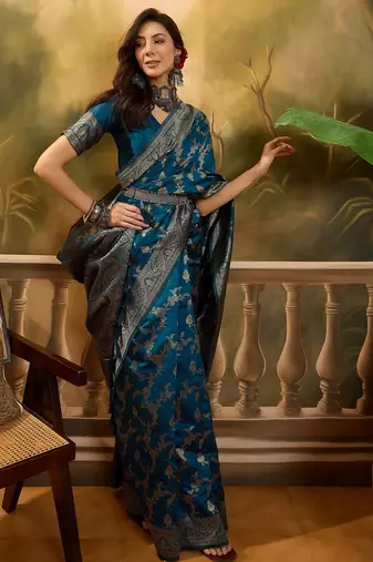 blue banarasi jacquard saree with golden zari weaving & tassel pallu     unstitched blouse