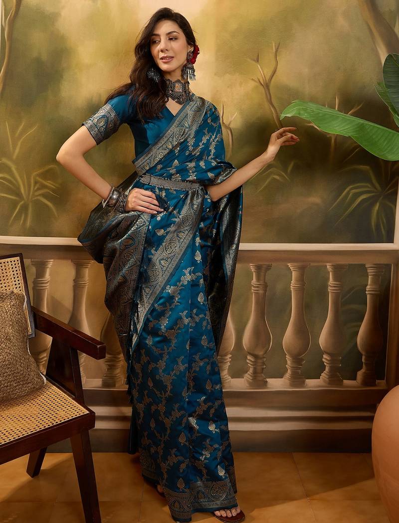 blue banarasi jacquard saree with golden zari weaving & tassel pallu     unstitched blouse