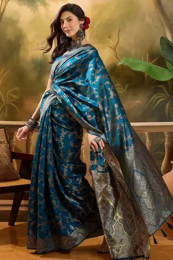 blue banarasi jacquard saree with golden zari weaving & tassel pallu     unstitched blouse