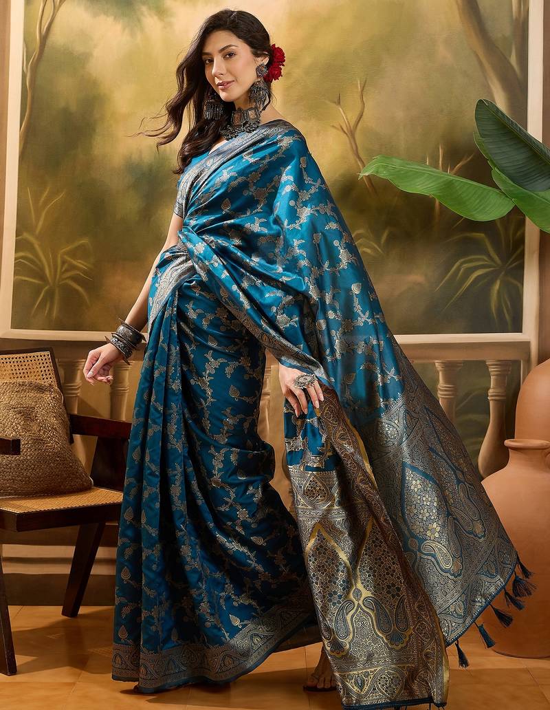 blue banarasi jacquard saree with golden zari weaving & tassel pallu     unstitched blouse