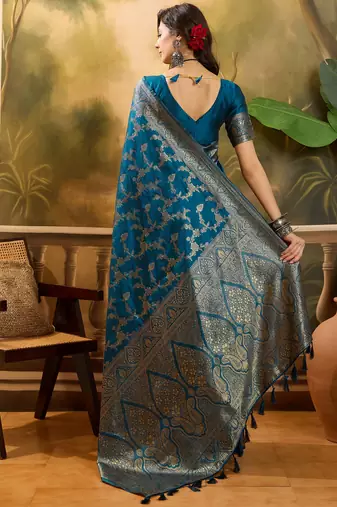 blue banarasi jacquard saree with golden zari weaving & tassel pallu     unstitched blouse