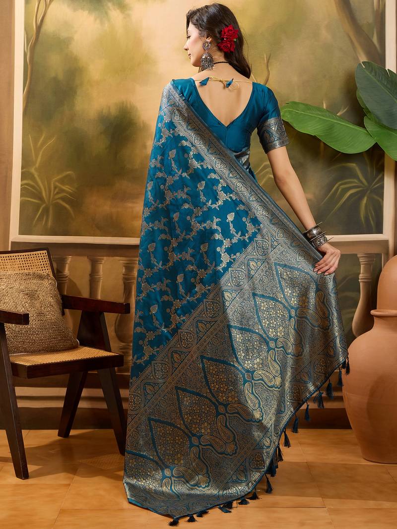 blue banarasi jacquard saree with golden zari weaving & tassel pallu     unstitched blouse