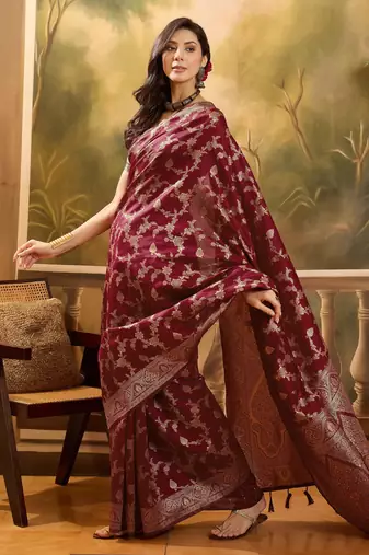 maroon banarasi jacquard saree with rich golden zari weaving & tassel pallu     unstitched blouse