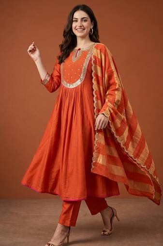Women's Gorgeous Embroidery Work Chanderi Fabric Flared Kurta Pant and Dupatta Set