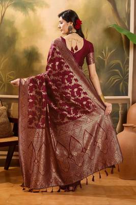 maroon banarasi jacquard saree with rich golden zari weaving & tassel pallu     unstitched blouse 4