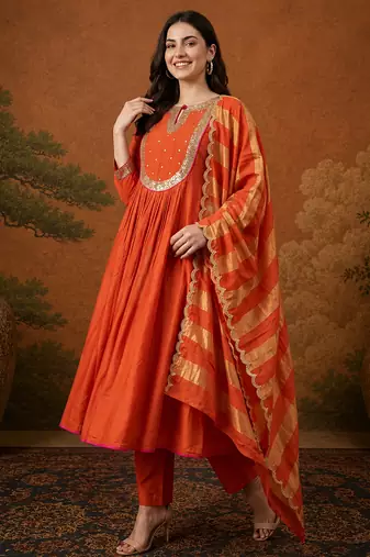 Women's Gorgeous Embroidery Work Chanderi Fabric Flared Kurta Pant and Dupatta Set