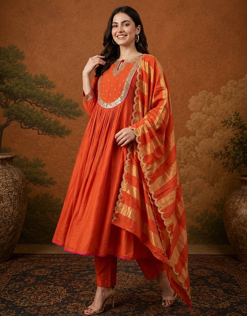 Women's Gorgeous Embroidery Work Chanderi Fabric Flared Kurta Pant and Dupatta Set