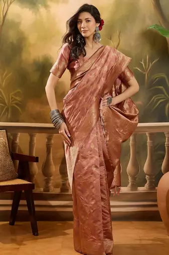 copper rose banarasi jacquard saree with intricate zari weaving & tassel pallu     unstitched blouse