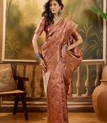 copper rose banarasi jacquard saree with intricate zari weaving & tassel pallu     unstitched blouse