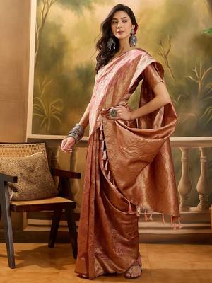 copper rose banarasi jacquard saree with intricate zari weaving & tassel pallu     unstitched blouse 2