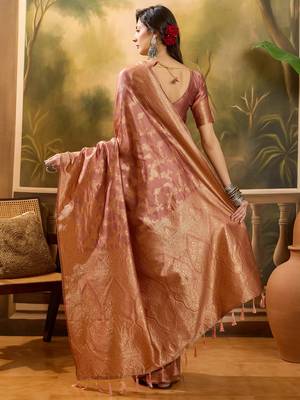 copper rose banarasi jacquard saree with intricate zari weaving & tassel pallu     unstitched blouse 4