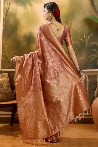 copper rose banarasi jacquard saree with intricate zari weaving & tassel pallu     unstitched blouse