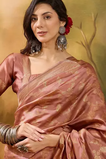 copper rose banarasi jacquard saree with intricate zari weaving & tassel pallu     unstitched blouse