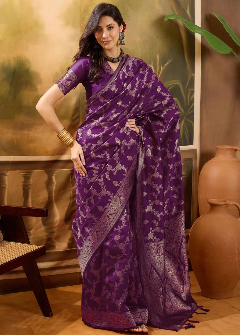 royal purple banarasi jacquard saree with rich zari weaving & tassel pallu     unstitched blouse