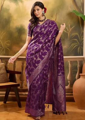 royal purple banarasi jacquard saree with rich zari weaving & tassel pallu     unstitched blouse 2