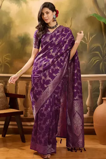 royal purple banarasi jacquard saree with rich zari weaving & tassel pallu     unstitched blouse