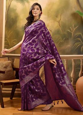 royal purple banarasi jacquard saree with rich zari weaving & tassel pallu     unstitched blouse 3
