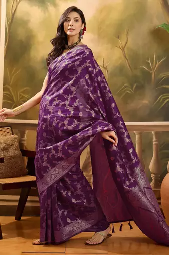 royal purple banarasi jacquard saree with rich zari weaving & tassel pallu     unstitched blouse
